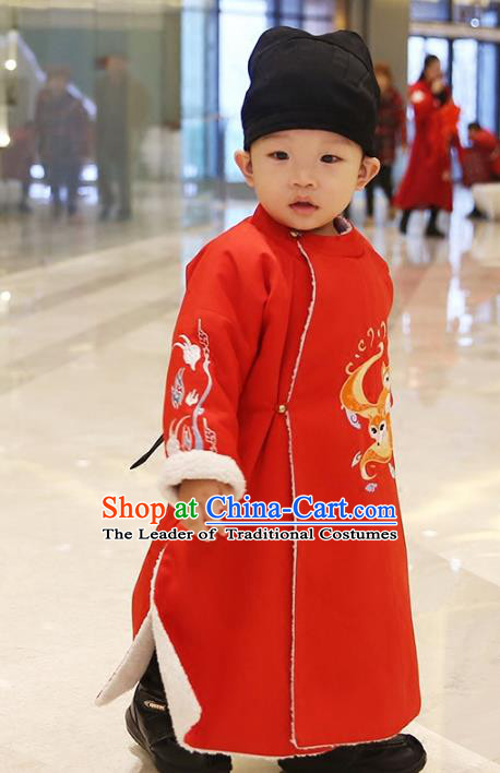 Traditional Chinese Ancient Hanfu Costume Embroidered Red Round Collar Robe, Asian China Ming Dynasty Palace Clothing for Kids