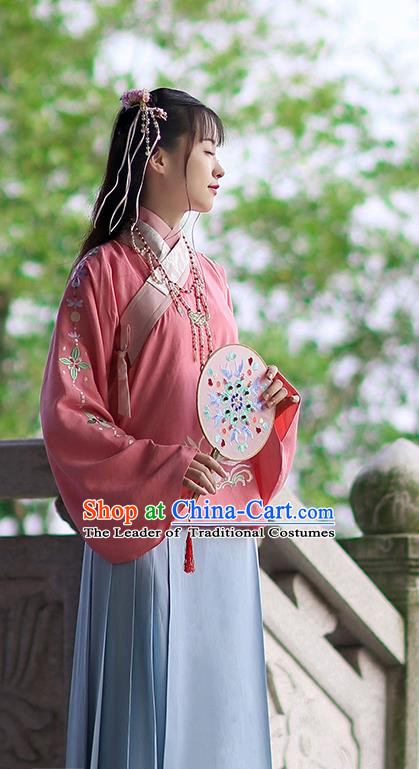 Traditional Chinese Ancient Hanfu Costume Embroidered Peach Pink Blouse, Asian China Ming Dynasty Palace Lady Clothing for Women