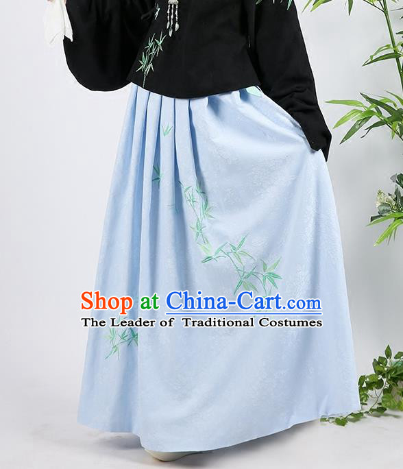Asian Chinese Ming Dynasty Imperial Princess Costume, Ancient China Palace Lady Embroidered Bamboo Blue Skirt for Women