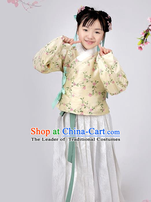 Asian Chinese Ming Dynasty Children Costume Yellow Blouse and Skirt, Ancient China Palace Lady Embroidered Clothing for Kids