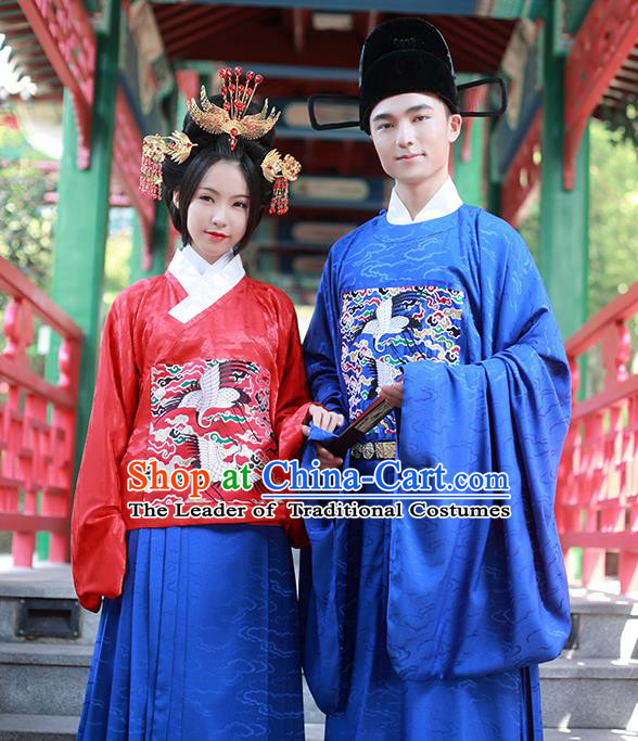 Asian Chinese Ming Dynasty Wedding Costume Complete Set, Ancient China Bride and Bridegroom Embroidered Clothing for Women for Men