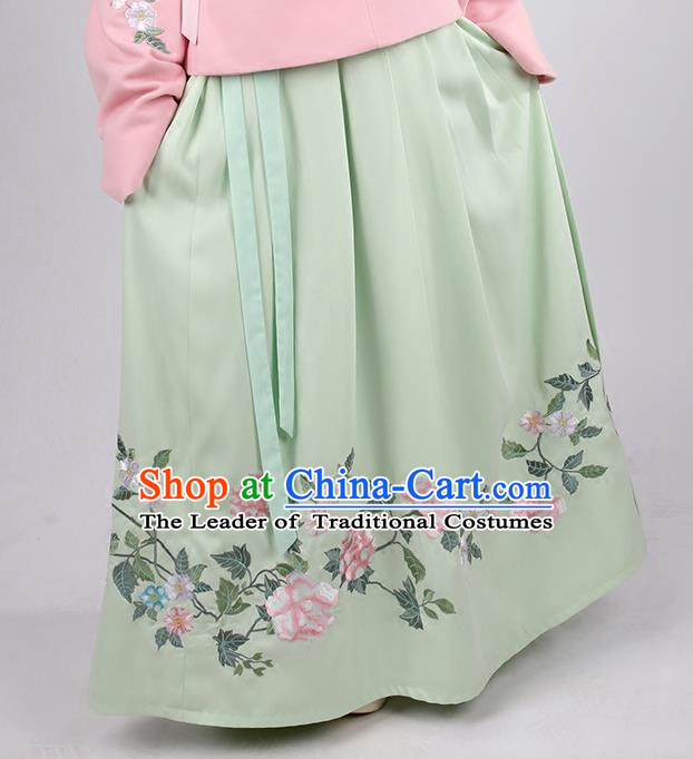 Asian Chinese Ming Dynasty Princess Costume Embroidery Green Skirts, Ancient China Palace Lady Embroidered Dress for Women