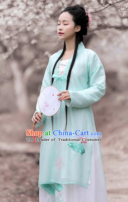 Asian Chinese Song Dynasty Princess Costume Embroidery Long BeiZi, Ancient China Palace Lady Embroidered Green Cardigan for Women