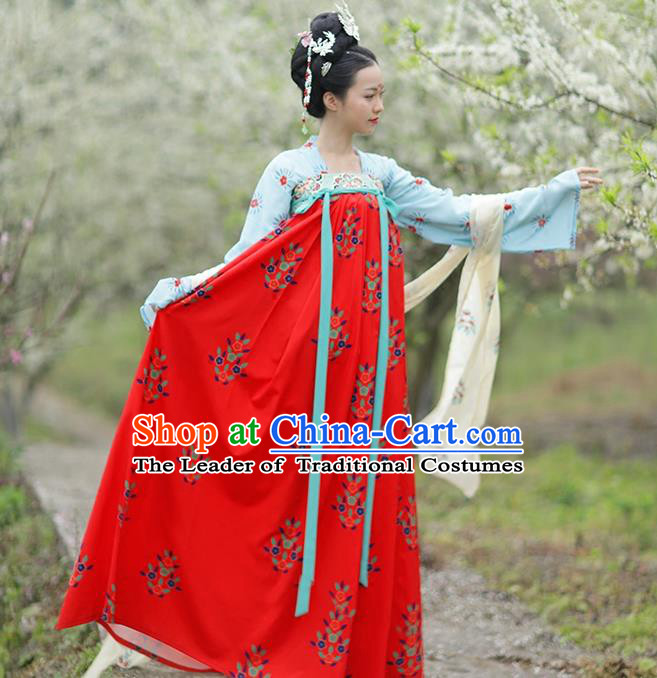 Traditional Chinese Ancient Hanfu Costume Blue Blouse and Red Skirts Complete Set, Asian China Tang Dynasty Princess Embroidered Clothing for Women