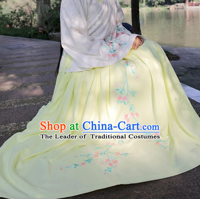Traditional Chinese Ancient Hanfu Princess Costume Yellow Bust Skirts, Asian China Ming Dynasty Embroidered Dress for Women