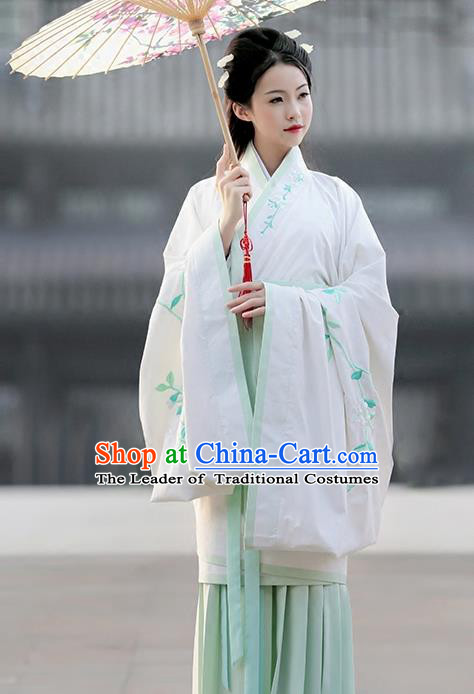 Asian China Ancient Han Dynasty Palace Lady Costume Complete Set, Traditional Chinese Hanfu Embroidered Curve Bottom Clothing for Women