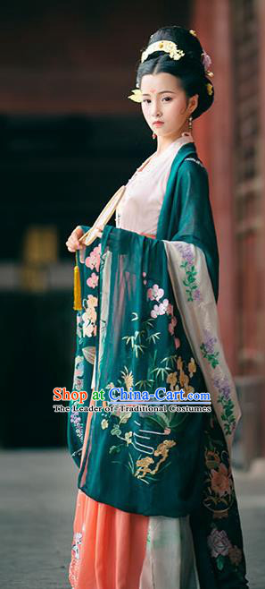 Traditional Chinese Ancient Hanfu Costume Deep Green Embroidered Cardigan, Asian China Jin Dynasty Wide Sleeve Cloak for Women