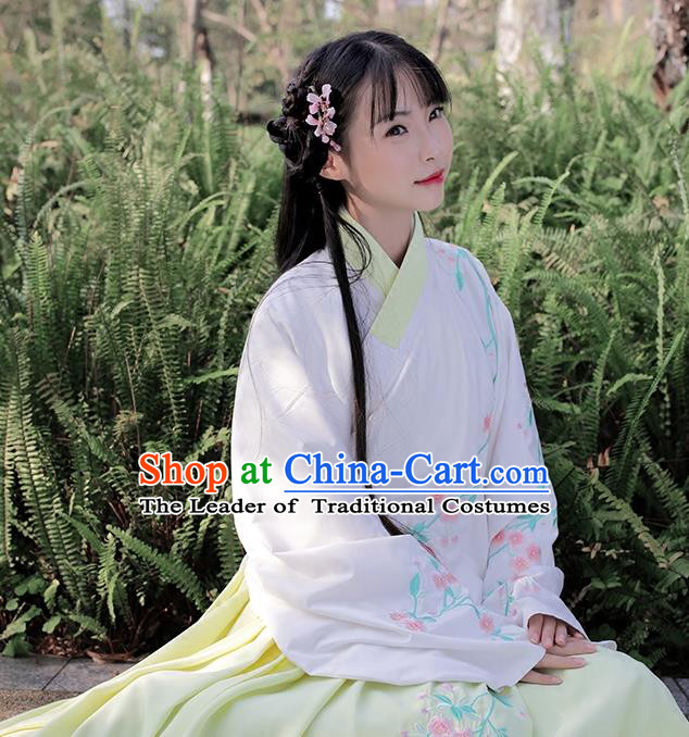 Traditional Chinese Ancient Hanfu Costume Embroidered Slant Opening White Blouse, Asian China Ming Dynasty Princess Upper Outer Garment Clothing for Women