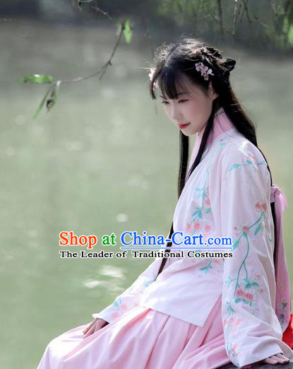 Traditional Chinese Ancient Hanfu Costume Embroidered Slant Opening Pink Blouse, Asian China Ming Dynasty Princess Upper Outer Garment Clothing for Women