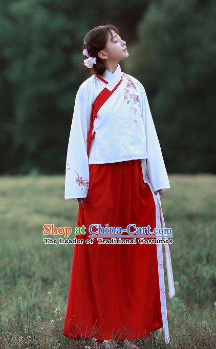 Traditional Chinese Ancient Hanfu Costume Embroidered Slant Opening Blouse and Skirt, Asian China Ming Dynasty Princess Clothing for Women
