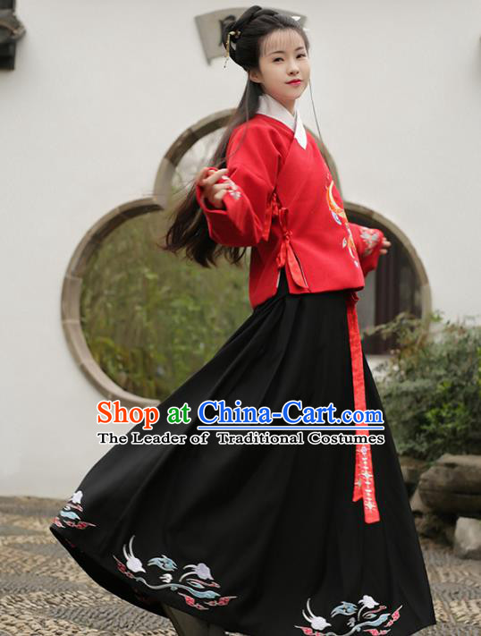 Asian Chinese Ming Dynasty Young Lady Hanfu Costume Embroidered Blouse and Skirt, Traditional China Ancient Princess Clothing for Women