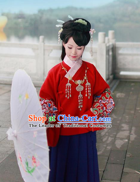 Asian Chinese Ming Dynasty Hanfu Embroidered Red Blouse Costume, Traditional China Ancient Princess Clothing for Women