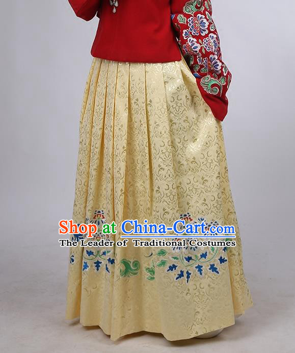 Asian Chinese Ming Dynasty Hanfu Costume Yellow Satin Embroidery Skirt, Traditional China Ancient Embroidered Dress Clothing for Women