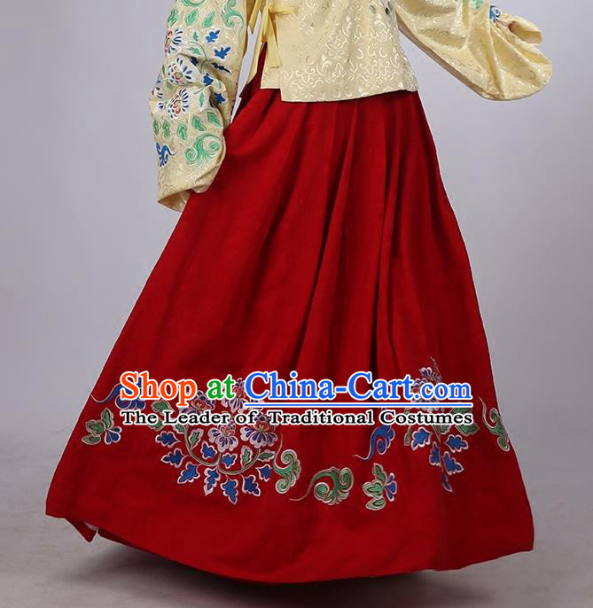 Asian Chinese Ming Dynasty Hanfu Costume Red Embroidery Skirt, Traditional China Ancient Embroidered Dress Clothing for Women