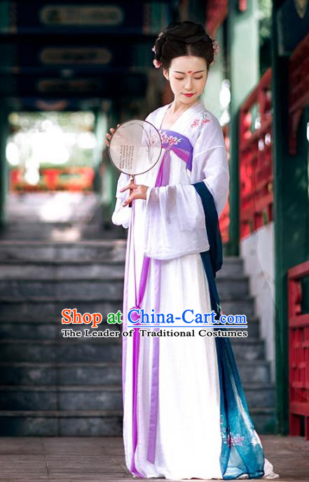 Asian Chinese Tang Dynasty Imperial Concubine Costume Hanfu Purple Embroidery Slip Skirt, Traditional China Ancient Embroidered Dress Clothing for Women
