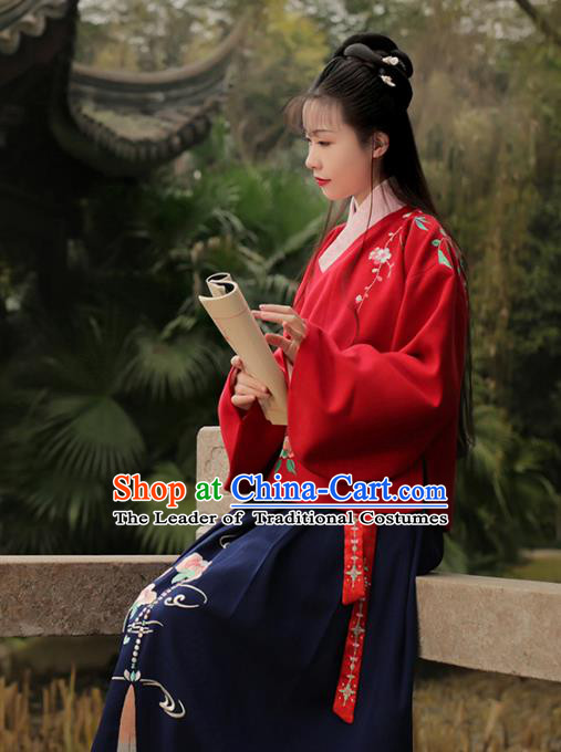 Asian Chinese Ming Dynasty Young Lady Costume Embroidery Red Blouse and Slip Skirt, Traditional China Ancient Embroidered Clothing for Women