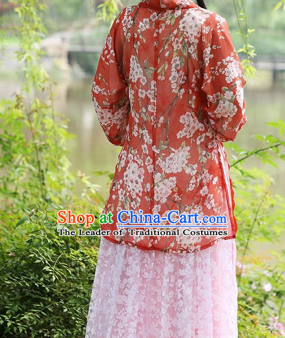 Asian Chinese Song Dynasty Young Lady Costume Hanfu BeiZi, Traditional China Ancient Princess Red Blouse for Women