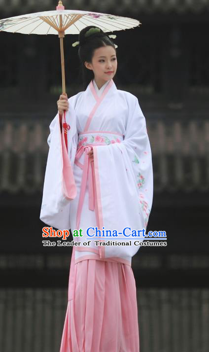 Asian Chinese Song Dynasty Young Lady Costume Hanfu Embroidered Pink Curve Bottom, Traditional China Ancient Princess Dress for Women