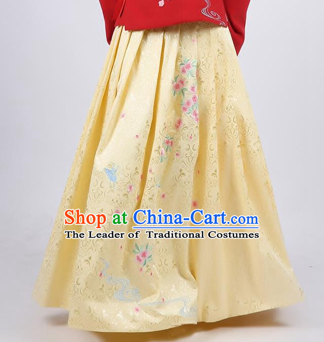 Asian Chinese Song Dynasty Young Lady Costume Hanfu Embroidered Peach Blossom Yellow Skirt, Traditional China Ancient Princess Dress for Women