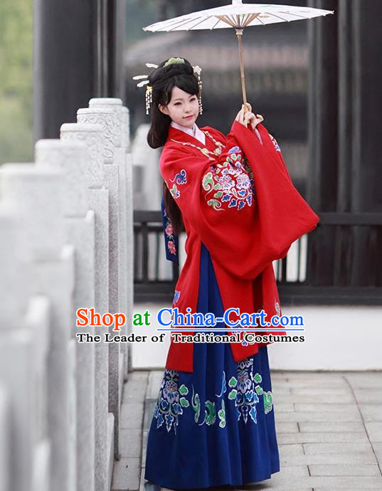 Asian Chinese Tang Dynasty Imperial Princess Costume, Traditional China Ancient Palace Lady Embroidered Red Cloak for Women
