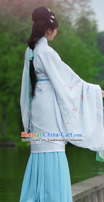 Asian Chinese Han Dynasty Imperial Princess Blue Curve Bottom Costume, Traditional China Ancient Palace Lady Embroidered Dress for Women
