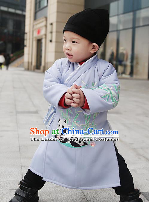 Asian Chinese Ming Dynasty Children Costume, Traditional China Ancient Embroidered Bamboo Grey Robe Clothing for Kids