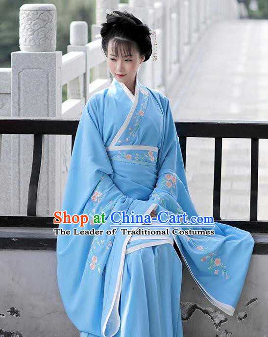 Asian Chinese Han Dynasty Costume Hanfu Embroidery Blue Curve Bottom, Traditional China Ancient Embroidered Dress Clothing for Women