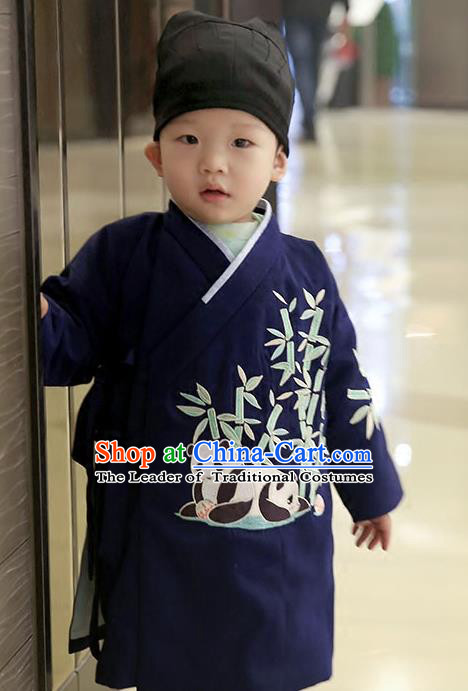 Asian Chinese Ming Dynasty Children Costume, Traditional China Ancient Embroidered Bamboo Navy Robe Clothing for Kids