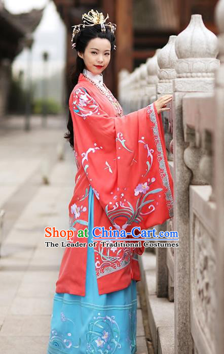 Asian Chinese Song Dynasty Young Lady Costume Red Cloak, Ancient China Princess Embroidered BeiZi Clothing for Women