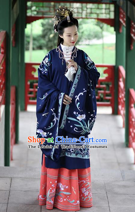 Asian Chinese Song Dynasty Young Lady Costume Navy Cloak, Ancient China Princess Embroidered BeiZi Clothing for Women