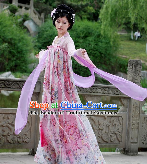 Asian Chinese Tang Dynasty Imperial Concubine Costume, Ancient China Palace Lady Printing Clothing for Women
