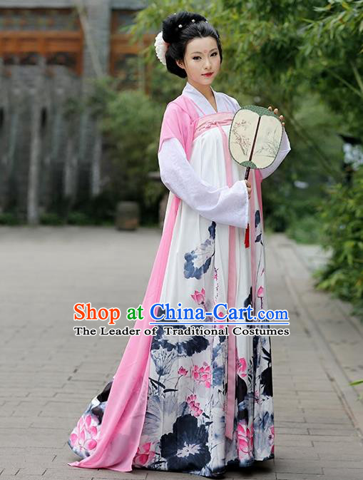 Asian Chinese Tang Dynasty Young Lady Costume, Ancient China Princess Printing Lotus Slip Skirt Clothing for Women