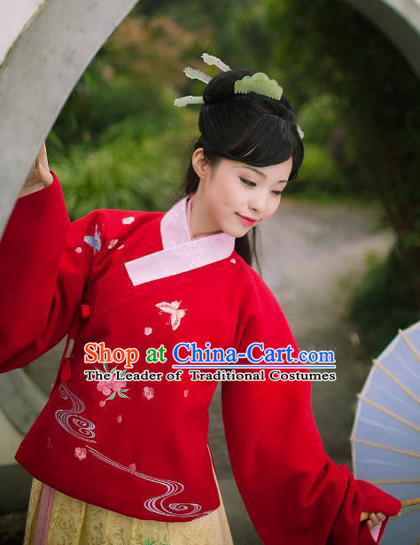 Asian Chinese Ming Dynasty Princess Costume Embroidery Red Blouse, Ancient China Palace Lady Embroidered Upper Outer Garment Clothing for Women
