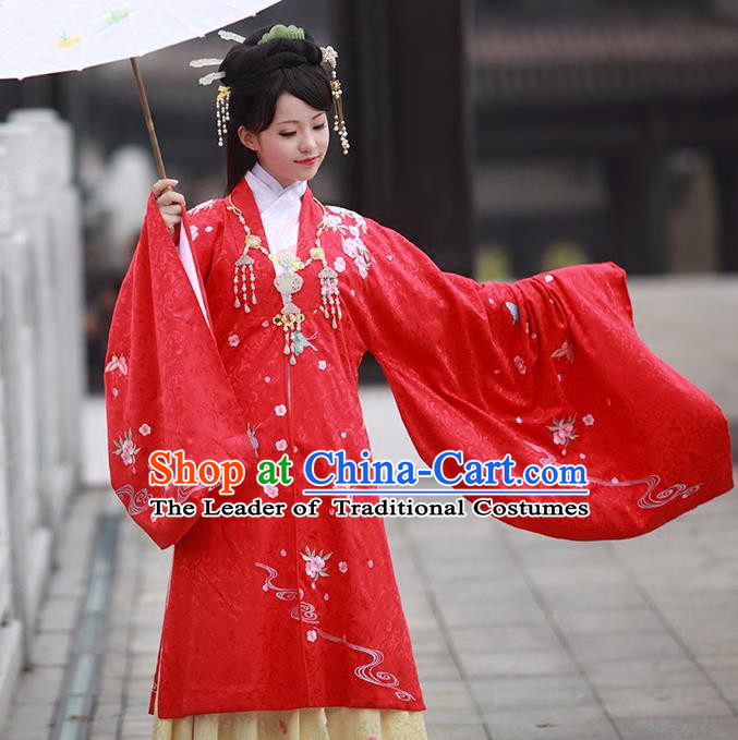 Asian Chinese Ming Dynasty Princess Costume Embroidery Red Cloak, Ancient China Palace Lady Embroidered Cardigan Clothing for Women