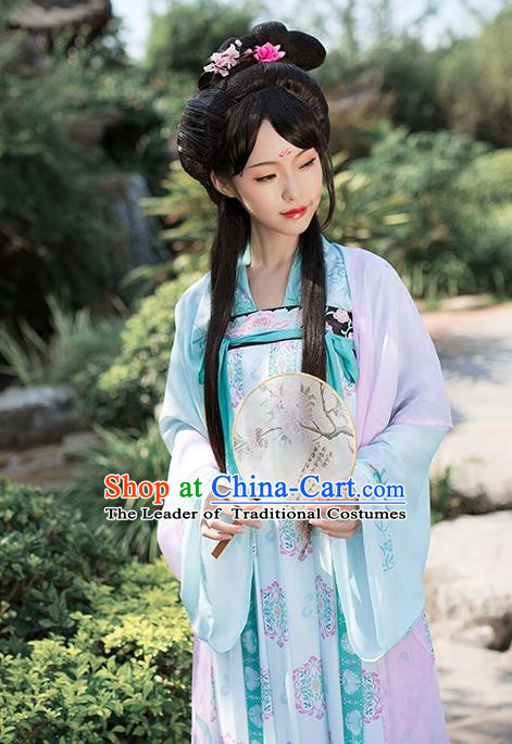 Asian Chinese Tang Dynasty Princess Embroidery Costume Slip Skirt Complete Set, Ancient China Palace Lady Clothing for Women