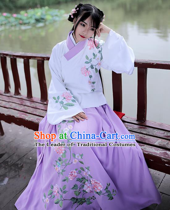 Asian Chinese Ming Dynasty Young Lady Costume Purple Embroidery Blouse, Ancient China Princess Embroidered Clothing for Women