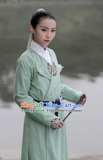 Asian Chinese Ming Dynasty Swordswoman Costume Green Long Robe, Ancient China Imperial Guards Embroidered Hanfu Clothing for Women