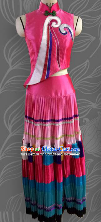 Traditional Chinese Zhuang Nationality Dancing Costume Folk Dance Ethnic Pleated Skirt, Chinese Minority Embroidery Clothing for Women