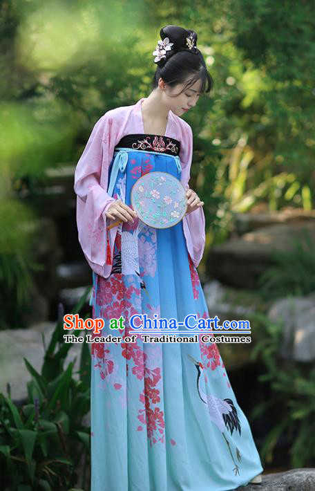 Asian Chinese Tang Dynasty Palace Lady Costume Printing Blue Dress, Ancient China Princess Hanfu Clothing for Women