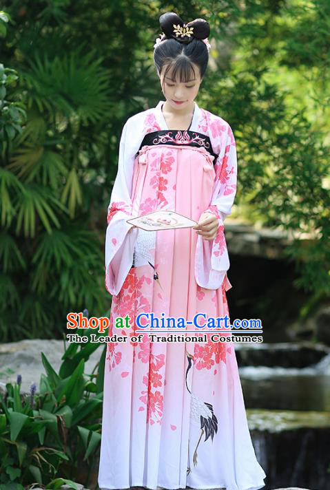 Asian Chinese Tang Dynasty Palace Lady Costume Printing Pink Dress, Ancient China Princess Hanfu Clothing for Women