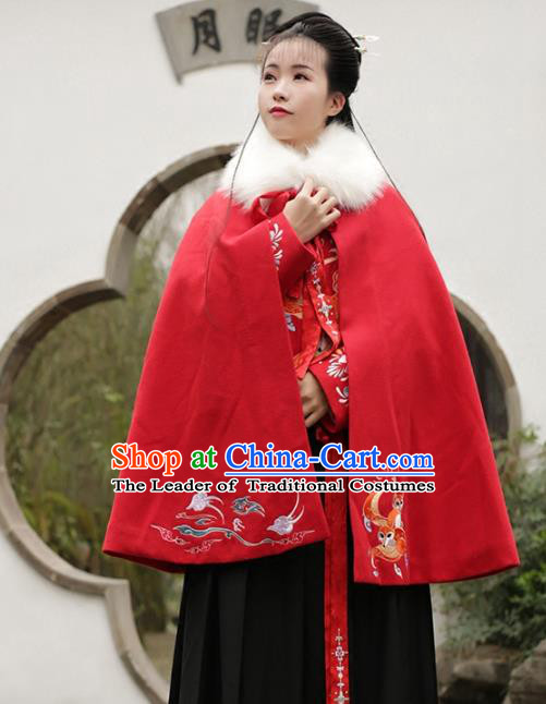 Asian Chinese Ming Dynasty Young Lady Embroidered Red Wool Cloak, Ancient China Princess Hanfu Short Mantle Clothing for Women
