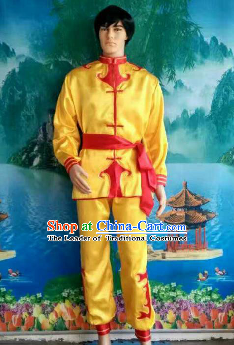 Traditional Chinese Classical Dance Yangge Fan Dance Costume, Folk Dance Drum Dance Lion Dance Yellow Clothing for Men