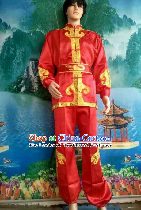 Traditional Chinese Classical Dance Yangge Fan Dance Costume, Folk Dance Drum Dance Lion Dance Red Clothing for Men