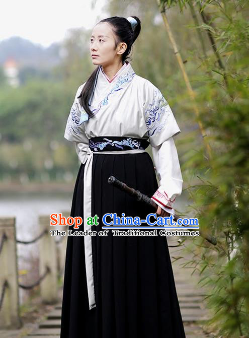 Asian Chinese Han Dynasty Swordswoman Costume, Ancient China Young Lady Embroidered Hanfu Clothing for Women