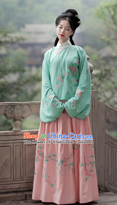Asian Chinese Ming Dynasty Young Lady Costume Green Blouse, Ancient China Princess Embroidered Hanfu Clothing for Women