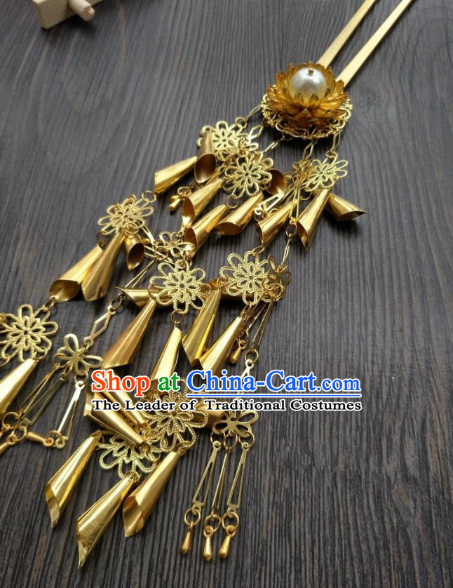 Traditional Handmade Chinese Hair Accessories Hanfu Golden Tassel Hairpins, China Ancient Tang Dynasty Palace Lady Step Shake for Women