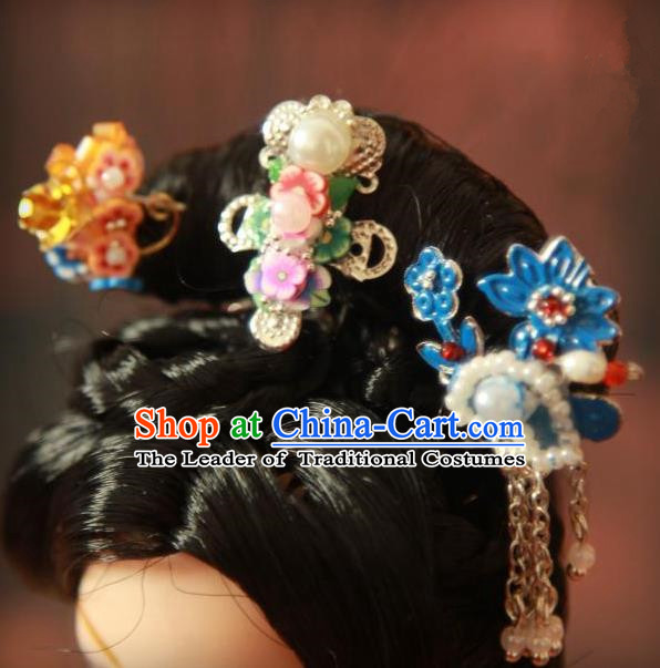 Traditional Handmade Chinese Qing Dynasty Hair Accessories Complete Set, Manchu High Coiffure Imperial Concubine Blueing Hairpins Headpiece