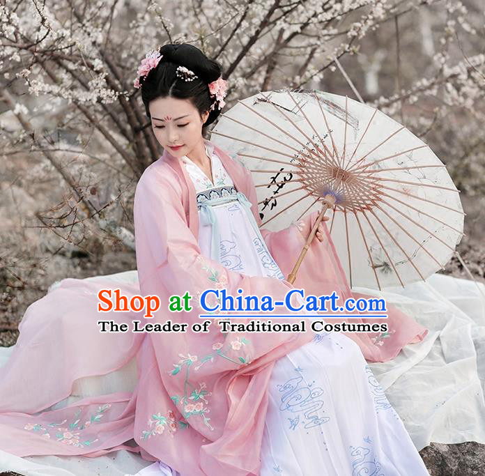 Asian Chinese Tang Dynasty Palace Lady Embroidered Wide Sleeve Cardigan, Ancient China Princess Hanfu Pink Cloak Clothing for Women