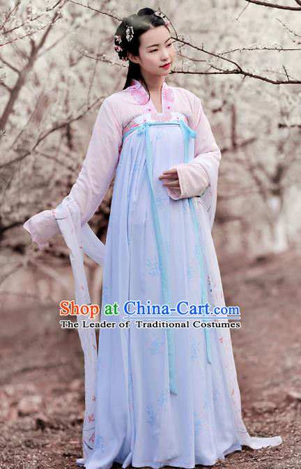 Asian Chinese Tang Dynasty Palace Lady Embroidered Blouse and Slip Skirts, Ancient China Princess Hanfu Clothing for Women