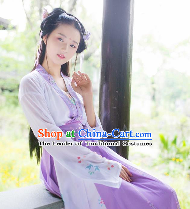 Asian Chinese Tang Dynasty Princess Embroidered Costume, Ancient China Young Lady Embroidery Blouse and Skirt Complete Set